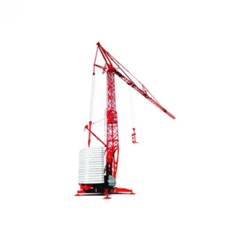 ONEMcDonough A large red and white construction crane, ideal for construction equipment rentals, with a tall vertical mast, long horizontal arm, and counterweights at the base, isolated on a white background.